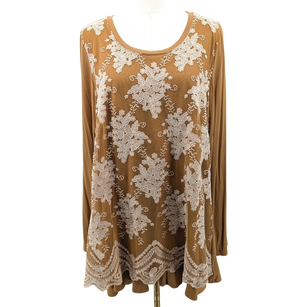 Embroidered Lace Tunic Blouse Womens L Brown Floral Mesh Boho Romantic Flowy